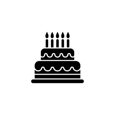 Üzerinde beş mum bulunan iki katmanlı bir dizayn içeren zarif pasta ikonu, kutlamalar ve minimalist tasarımlar için ideal, bembeyaz üzerine koyu siyahla betimlenmiş..
