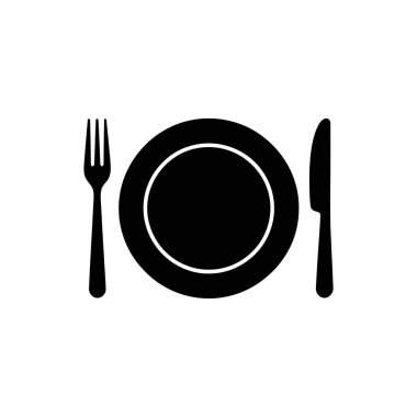 Basit tasarım, şeffaf bir arkaplanda siyah bir plaka, çatal ve bıçak silueti içerir. Gıda veya restoranla ilgili konular için ideal.