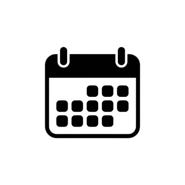 İzole edilmiş siyah takvim simgesi. Günler yuvarlak karelerle gösteriliyor ve şeffaf bir arkaplanda gösteriliyor.