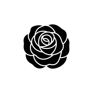 Beyaz ve şeffaf bir arkaplan üzerinde koyu siyah bir renk içinde pürüzsüz, stilize yaprakları gösteren zarif tek bir gül çizimi.