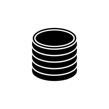Beyaz arkaplanda temiz bir siluet ile basit, düz grafik biçiminde oluşturulmuş siyah yuvarlak sikkeler veya diskler yığını; simge kullanımı için uygun.