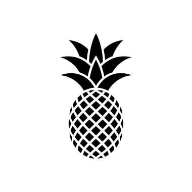 Bir ananas ikonunun sergilendiği minimalist bir tasarım. Kalıplı bir vücut ve yapraklı bir taç, hepsi beyaz bir arka plana karşı koyu siyah..
