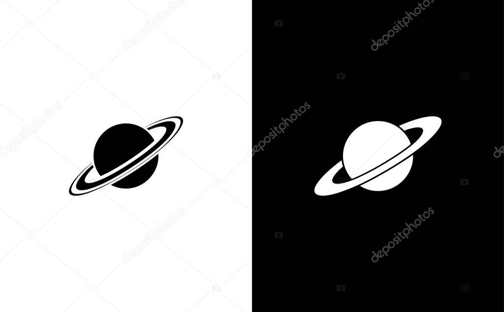 The image showcases two symmetrical icons of Saturn, one in black on white, and the other in white on black, both featuring prominent rings.