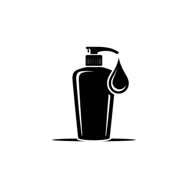 Bir pompa şişesinin siyah silueti görünür bir sıvı damlasıyla, sabun, losyon ya da dezenfektanı sembolize eder..