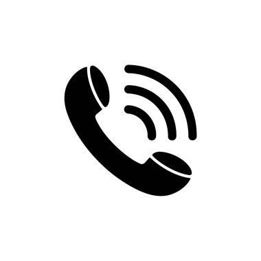Çalan bir telefon ahizesini tasvir eden, iletişimi, teması ve bağlantıyı sembolize eden basit bir siyah simge. Beyazda izole edilmiş.