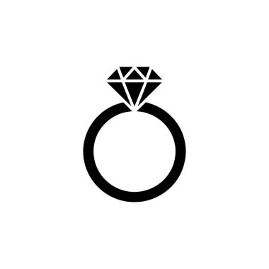 Tek, basit bir siyah simge, temiz beyaz arka planda belirgin kesimli taşlı elmas bir nişan yüzüğü tasvir ediyor..