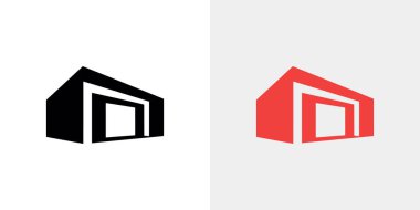 Isometric grafik, siyah ve kırmızıya boyanmış minimalist bir yapı sergiliyor. Soyut logo, mimarlık veya marka tasarımı için ideal stilize bir kapı aralığı sunar..