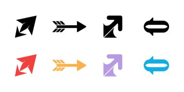 Beyaz zemin üzerinde sekiz farklı ok simgesi koleksiyonu. Eşsiz ve geleneksel oklar siyah, kırmızı, sarı, mavi ve mor renklerde. Tasarım kullanımı için mükemmel.