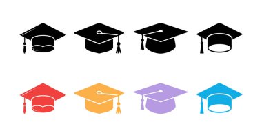 Sekiz mezuniyet havan mermisi, dördü siyah, dördü çeşitli renklerde kırmızı, altın, mor ve mavi, beyaz arka planda iki sıra halinde dizilmiş..