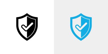 Resimde iki kalkan simgesi var, biri siyah-beyaz, diğeri mavi, her biri içinde güvenlik, güvenlik ve koruma onayını simgeleyen işaretler gösteriyor..