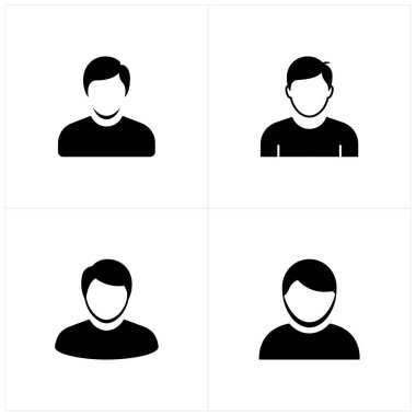 Görüntü, dört farklı erkek avatar ikonundan oluşan bir koleksiyon sergiliyor. Bu simgeler, kullanıcı profili resimleri için baş ve omuzları gösteren siyah beyaz simgelerle oluşturulmuştur.