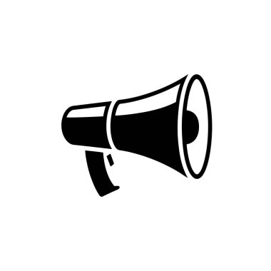 Siyah ve beyaz megafonun izole vektör çizimi. Açıklamalar, reklamlar, halka açık adres sistemleri ve grafik tasarımlarda iletişim için uygundur.