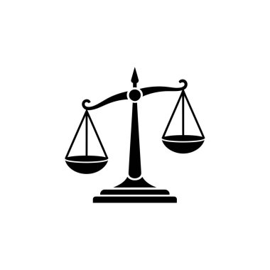Bu görüntü geleneksel denge ölçeğinde siyah ve beyaz bir silueti gösteriyor. Hukuk, adalet, adalet ve denge kavramlarını sembolize eder..