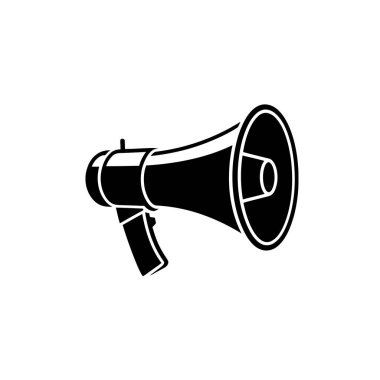 Genel adres ve duyurular için kullanılan klasik bir megafon tasarımını gösteren ayrıntılı siyah ve beyaz vektör grafiği düz bir arkaplan üzerine kuruludur..