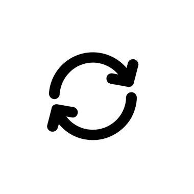 Bir döngü oluşturan iki dairesel okun çıtır siyah simgesi, döngü, geri dönüşüm, yenilenme veya yeniden yükleme eylemleri, temiz beyaz arkaplan karşı ayarlanır.