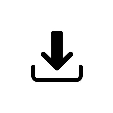 Siyah vektör indirme simgesi beyaz bir arkaplan üzerinde, dosyaları indirme eylemini temsil eden bir oku alıcı tepsisine girerken gösterir. Basit, modern ve etkili..