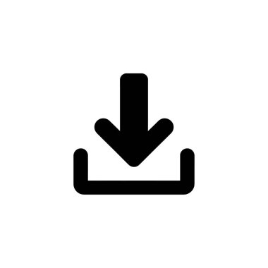 Açık bir kutuya doğru bakan bir ok içeren, berraklık ve odaklanma için temiz beyaz arkaplan üzerine kurulmuş basit bir siyah indirme simgesi.