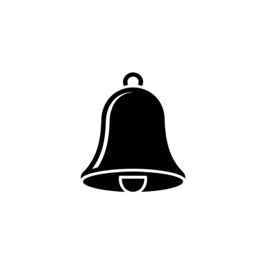 Tek bir siyah çan silueti görüntüsü, kıvrımlı bir vücut, dahili zil ve sallanan halka, temiz beyaz bir arkaplan üzerine kurulmuş..