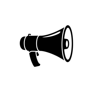 Bu resim basit, koyu siyah bir siluet olan megafon ya da megafonu gösteriyor. Temiz, beyaz bir arkaplana karşı. Tasarım kıvrımlı bir sapı ve alevli bir açılışı içeriyor.