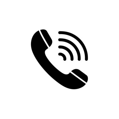 Illustration ses dalgalarıyla iletişimi simgeleyen siyah bir telefon alıcısı simgesi sergiliyor. Basit bir tasarım ile bağlantı, çağrı, bağlantı, yardım hattı, servis ve iletişimi temsil eder.