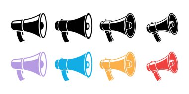 Beyaz arka planda sekiz megafon, dört siyah ve dört katı renk (mor, mavi, sarı, kırmızı) tasvir edilir..