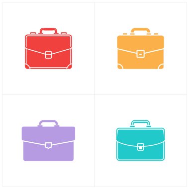 Düz tasarım görüntüde dört farklı renkte evrak çantası var. Kırmızı, sarı, lavanta ve deniz mavisi. Bu simgeler profesyonel çantaları, kostüm taşıyıcılarını ve iş aksesuarlarını temsil ediyor..