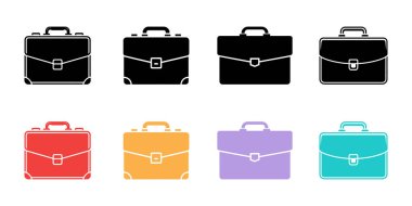 Kırmızı, turuncu, mor, deniz mavisi ve siyah renkli sekiz tane iş çantası sergileniyor. Grafik, evrak çantalarının temiz ve profesyonel bir şekilde temsil edilmesini sunuyor..