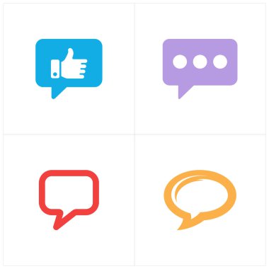 Bu vektör resmi dört renkli sohbet balonu simgesi gösterir. Mavi başparmak yukarı, mor üç nokta, kırmızı boş ve turuncu konuşma simgesi. Beyazda izole edilmiş.