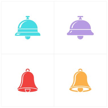 Düz dizaynlı dört renkli çan simgesinden oluşan bir koleksiyonu gösteriyor. Çanlar mavi, mor, kırmızı ve sarı tonlardadır..