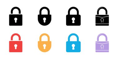 Siyah, kırmızı, sarı, mavi ve mor renkte sekiz vektör asma kilit simgesi koleksiyonu. Minimalist bir tasarımla güvenlik, koruma ve güvenliği temsil eder.