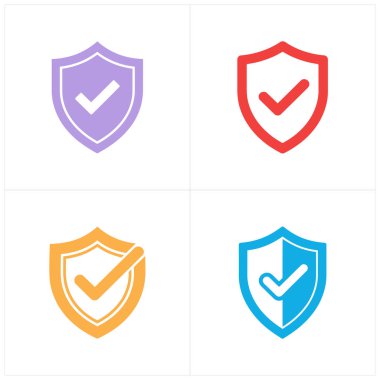 Resim, içinde kontrol işaretleri olan dört farklı renkli kalkan simgesini gösteriyor, güvenlik, koruma, doğrulama ve onay gibi kavramları sembolize ediyor, beyaz arka planda izole edilmiş.