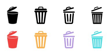 Atık yönetimi, geri dönüşüm ve temiz beyaz arka planda dijital silmeyi sembolize eden, siyah, kırmızı, turuncu, mor ve cyan renkleriyle betimlenmiş sekiz adet çöp kutusu simgesi.