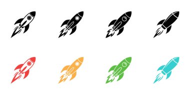 Görüntü, her biri başlangıç ve yeniliği temsil eden, siyah, kırmızı, turuncu, yeşil ve cyan olmak üzere sekiz vektör roket simgesini gösterir. Beyaz arkaplanda izole.