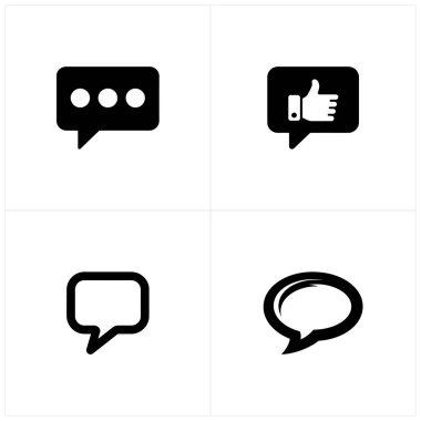 Görüntü, siyah beyaz dört farklı iletişim simgesini gösteriyor. Simgeler arasında noktalı bir konuşma balonu, baş parmaklı bir konuşma balonu, basit bir konuşma balonu ve üst üste binen bir balon yer alıyor..