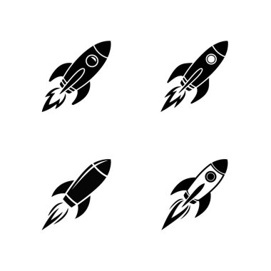 Basit siyah-beyaz çizimi, alev izli dört roket gemisi simgesini gösteriyor, farklı açılarda, yukarı doğru açılı, beyaz bir zemine karşı..