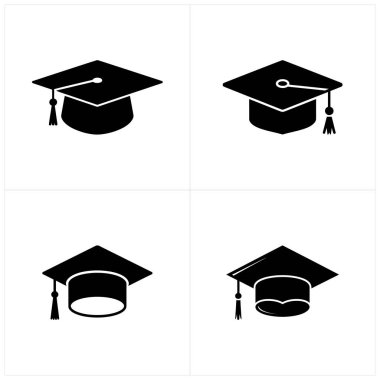 Vektör resmi beyaz arkaplanda dört siyah mezuniyet şapkası çizimini gösteriyor. Her kare akademik başlıkta bir püskül bulunur; eğitim materyalleri veya mezuniyetle ilgili projeler için idealdir.