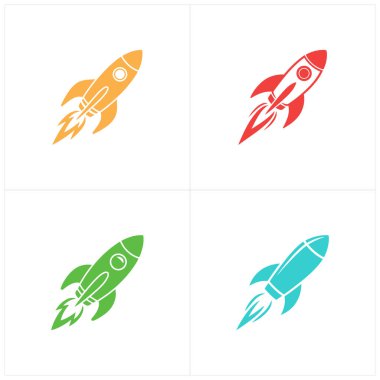 Bu resim, basit ve temiz bir tasarım gerektiren sunumlar veya grafik tasarım projeleri için ideal beyaz zemin üzerinde yukarı doğru fırlatılan dört renkli roketi gösteriyor..