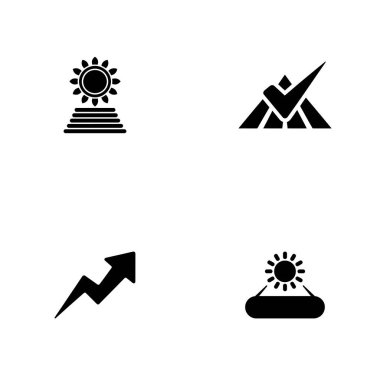 Dört siyah ve beyaz vektör ikonundan oluşan bir koleksiyon. Doğan bir güneş, bir işaret simgesi, büyümeyi gösteren bir ok ve batan bir güneş içerir..