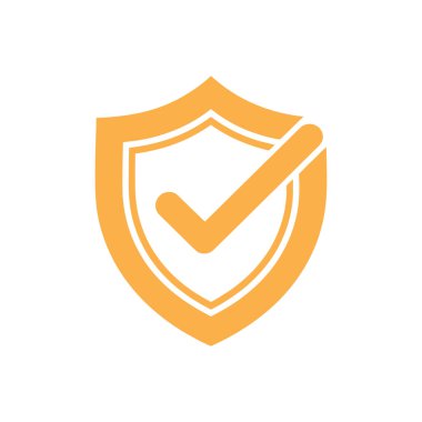 Bu resim, üzerinde güvenlik veya doğrulamayı sembolize eden işaretli altın renkli bir kalkan içeriyor. Tasarım, saf beyaz bir arkaplan karşısında basit ve modern..