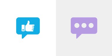 Resim iki grafik simgesi içerir. Beyaz başparmaklı bir sembol içeren mavi konuşma balonu ve bir daktilo göstergesi gösteren mor bir konuşma balonu..