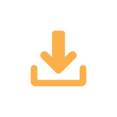 Düz turuncu indirme simgesi, grafik ve web sitesi tasarım unsurları için uygun, beyaz arkaplan üzerinde izole edilmiş, açık tepsi tepsisine aşağıya bakan bir ok içeriyor.