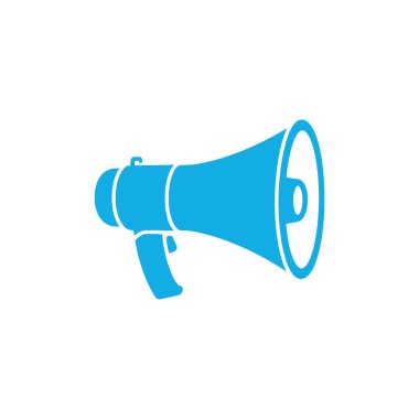 Basit ama etkili bir vektör grafiği, terfiyi, duyuruyu ve iletişim araçlarını sembolize eden el değmemiş beyaz bir arkaplan üzerinde izole edilmiş mavi bir megafon sergiliyor..