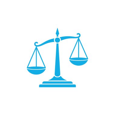 Adaletin grafikleri, beyaz arka planda izole edilmiş, açık mavi ile betimlenmiş. Teraziler dengesizdir, tasarıma dinamik bir element eklerler..