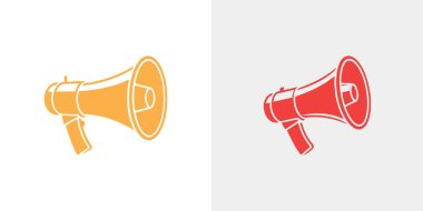 Portakal ve kırmızı megafonu gösteriyor, beyaz arka planda yan yana. Bu basitleştirilmiş vektör simgeleri duyuruları, pazarlamayı ve iletişimi sembolize eder.