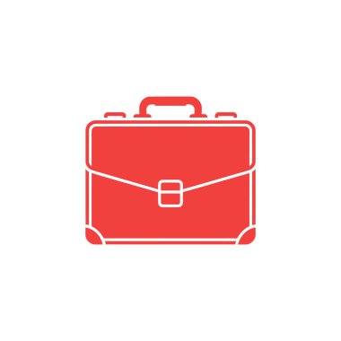 İzole edilmiş, kırmızı bir evrak çantası ikonu beyaz bir arkaplan üzerine kuruludur. Evrak çantasında yuvarlak köşeler ve minimalist bir tasarım yer alıyor. Sapı üstte görünüyor..