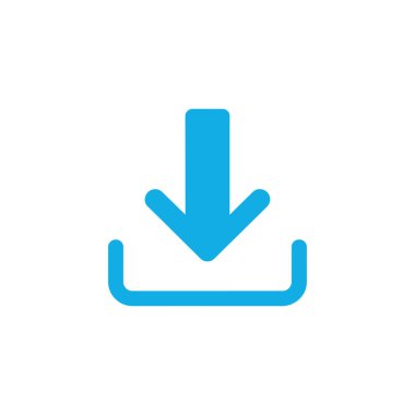 Tepsiye doğru bakan bir ok içeren açık mavi indirme simgesini resmeder. Beyaz arkaplanda basit ve temiz bir tasarım.