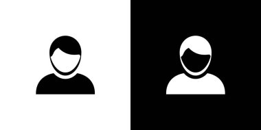 Kullanıcı arayüzü ve profil temsil projeleri için uygun hem beyaz hem de siyah arkaplanlarda gösterilen bir erkek silueti simgesini gösteren çift katlı bir resim.