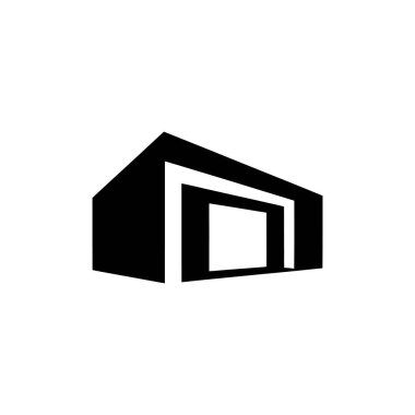 Beyaz arka planda siyaha boyanmış bir binanın minimalist grafik tasarımını gösteriyor. Resim, dikdörtgen çerçeveler ile bir perspektif görünümünü belirtir.