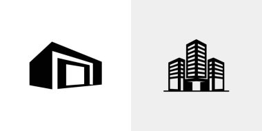 Siyah ve beyaz görüntüler minimalist simgeler çerçeveli bir ev yapısı ve bir grup şehir binası sergiliyor. Basit ama etkili tasarımlar emlak kavramları için mükemmel..