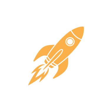 Minimalist, altın renkli bir roket gemisi temiz beyaz bir zemine çarpıyor. Bu düz vektör dizaynı roketin güçlü alevleri ve basit dairesel penceresini gösteriyor.